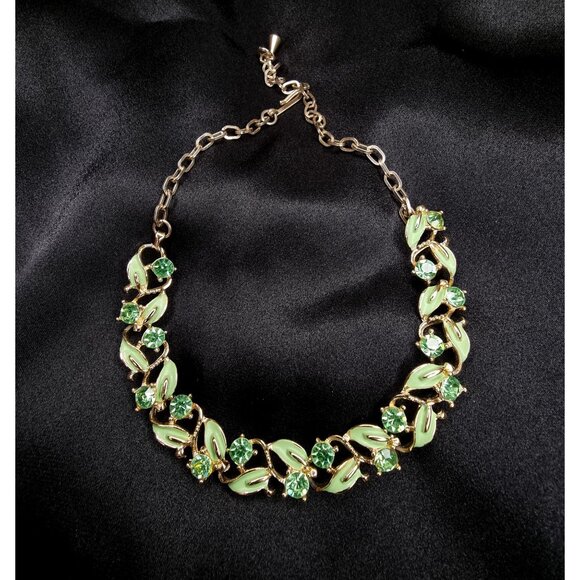 Vintage Gold Tone Necklace W/ Green Rhinestones & Enamel Leaves - Picture 1 of 5